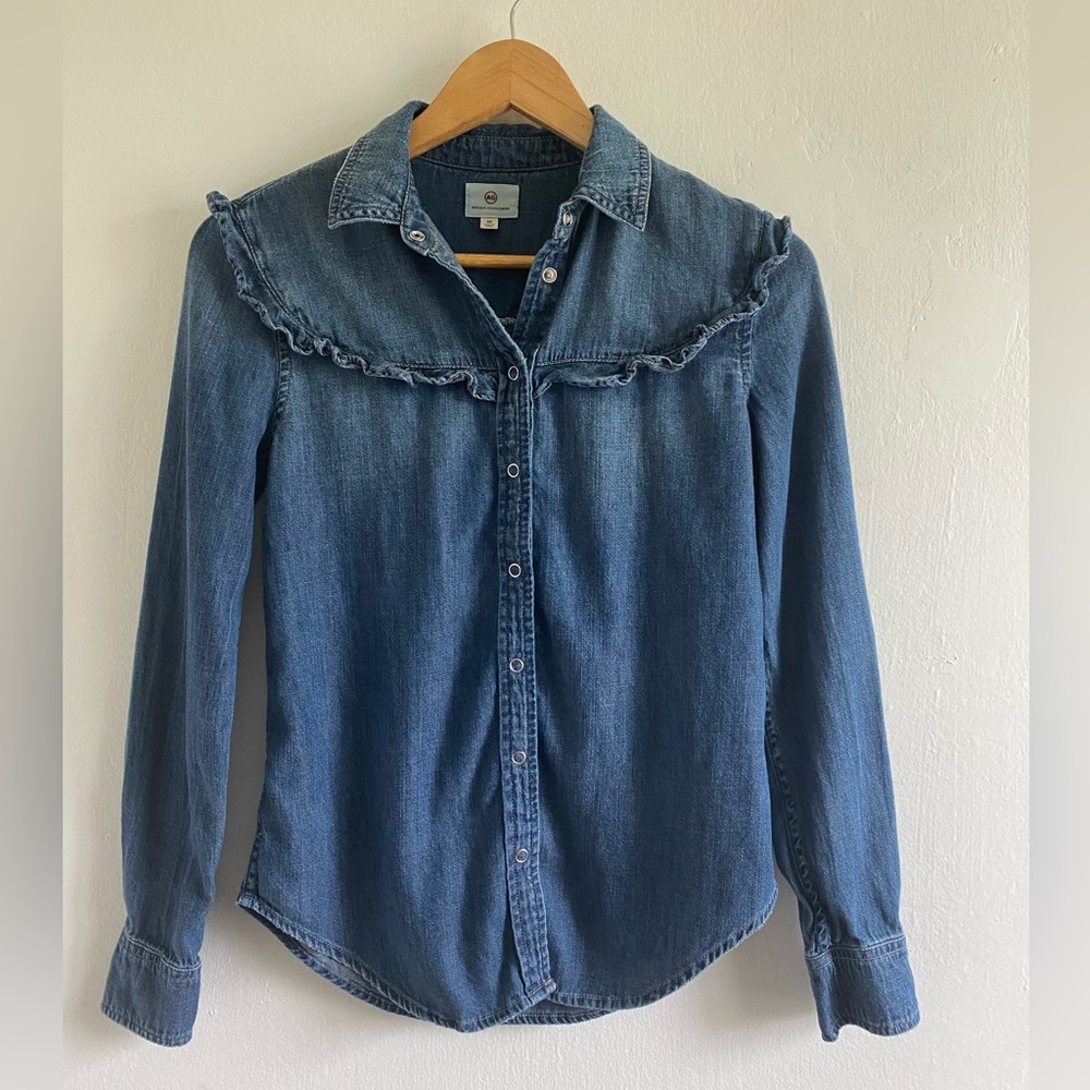 Adriano Goldschmied denim ruffle Button down Shirt Size XS Western Boho